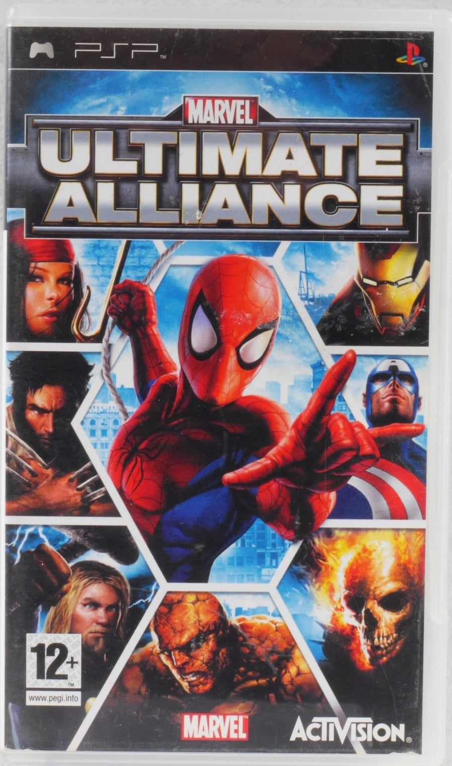 Marvel Ultimate Alliance PSP video game cover featuring Spider-Man in the center with other Marvel characters around him, including Wolverine, Captain America, Iron Man, and others. Visible brands include Marvel, PlayStation, and Activision.