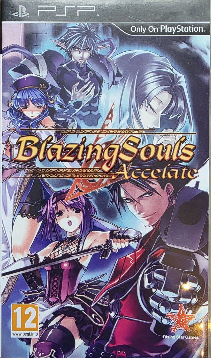 A PlayStation Portable game case for 'Blazing Souls Accelerate' resting on a textured beige carpet. The cover art features anime characters in a blue and purple-toned illustration with gold title lettering.