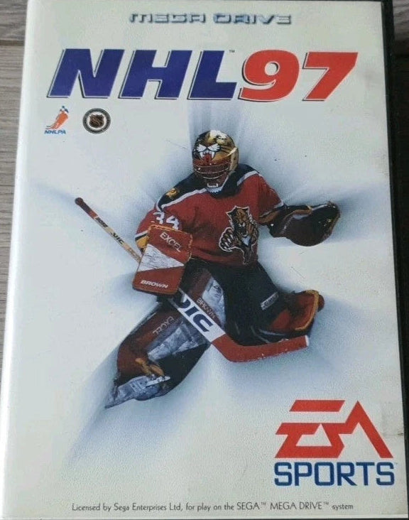 Vintage NHL 97 Mega Drive video game case by EA Sports, featuring a hockey player on the cover, photographed on a gray wood-textured surface.