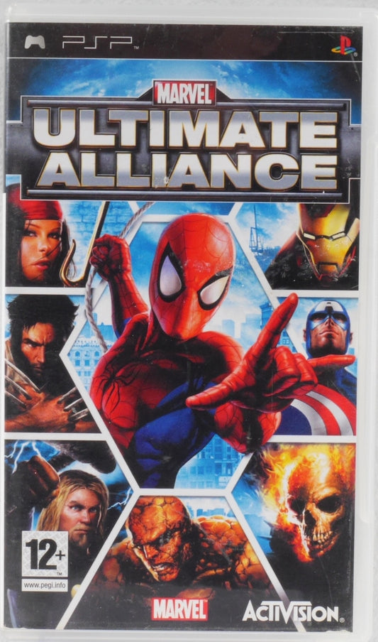 Marvel Ultimate Alliance PSP video game cover featuring Spider-Man in the center with other Marvel characters around him, including Wolverine, Captain America, Iron Man, and others. Visible brands include Marvel, PlayStation, and Activision.