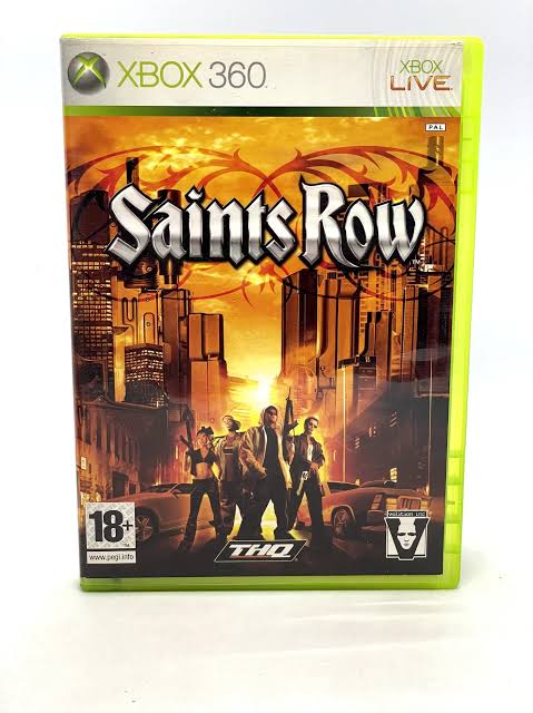 Saints Row Xbox 360 game case on a white background, showing the front cover art with the game title, Xbox 360 branding, THQ logo, and PEGI 18 rating.