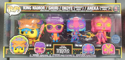 4 Pack King Namor/Shuri/Okoye (Midnight Angel)/Aneka (Midnight Angel) Blacklight - Marvel Black Panther Wakanda Forever Funko POP - Box Damaged Funko