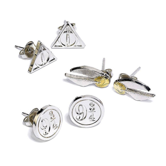 Harry Potter Earrings 3-Pack Snitch/Deathly Hallows/Platform 9 3/4 (silver plated) Earrings