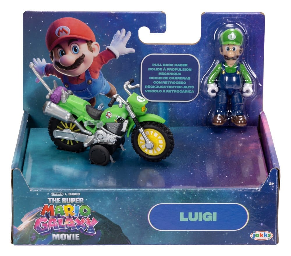 The Super Mario Galaxy Movie Action Figure with Pull Back Motorcycle Luigi 6 cm Jakks Pacific