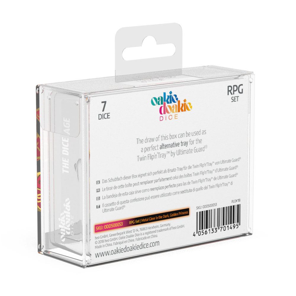 Oakie Doakie Dice RPG Set Metal Glow in the Dark - Golden Princess (7) Dice