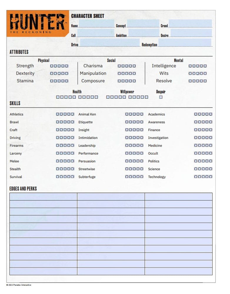 Hunter: The Reckoning 5th Edition RPG Journal Expanded Character Sheet Journal *Englische Version* Renegade