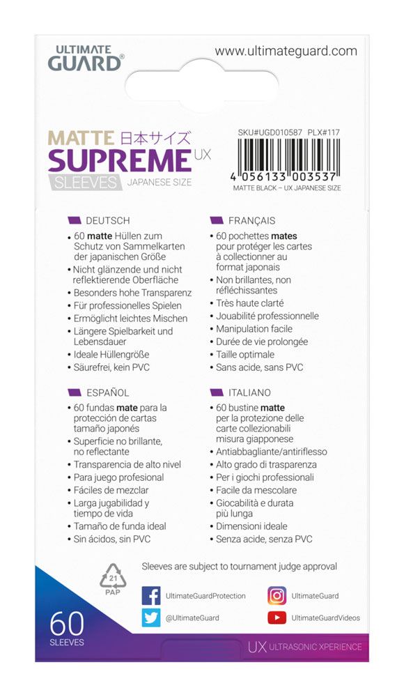 Ultimate Guard Supreme UX Sleeves Japanese Size Matte Black (60)