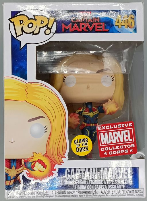 446 Captain Marvel (Flying- Unmasked) Glow - Marvel Box Damaged Funko POP Funko